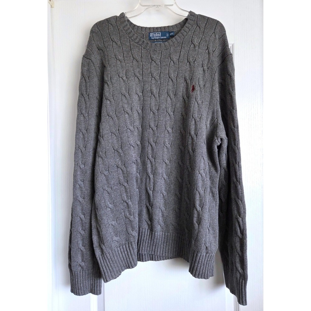 VTG Polo Ralph Lauren Gray Cable Knit Cotton Crew Neck Pony Logo Sweater Sz XXL